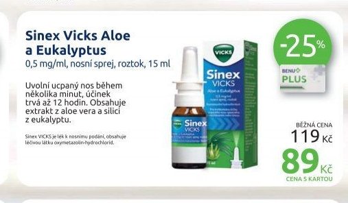 Sinex Vicks Aloe a Eukalyptus 0,5 mg/ml, nosní sprej, roztok, 15 ml