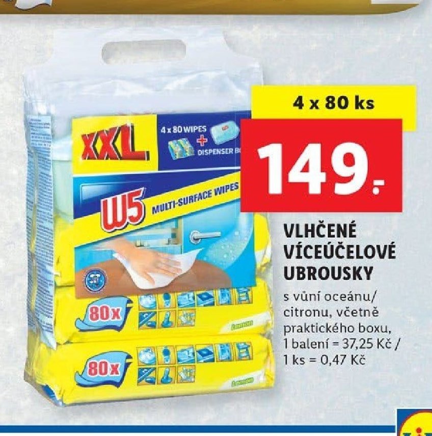 W5 vlhčené víceúčelové ubrousky