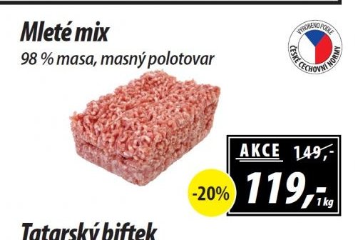 Mleté mix 98 % masa, masný polotovar