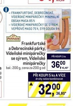 Frankfurtské a Debrecínské párky, Vídeňské minipárečky se sýrem, Vídeňské minipárečky