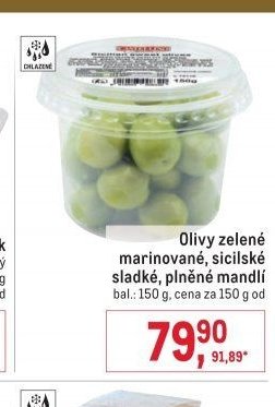 Olivy zelené marinované, sicilské sladké, plněné mandlí