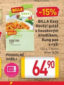 BILLA Easy Hovězí guláš s houskovým knedlíkem, Kung pao s rýží