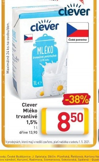 Clever Mléko trvanlivé 1,5%