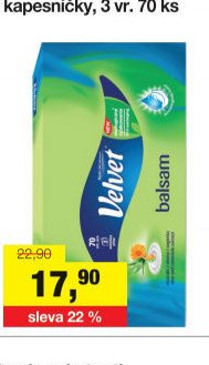 Velvet papírové kapesníčky, 3 vr. 70 ks