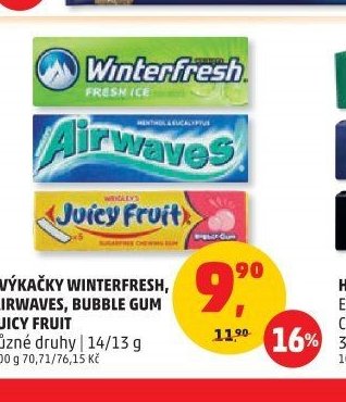 ŽVÝKAČKY WINTERFRESH, AIRWAVES, BUBBLE GUM JUICY FRUIT