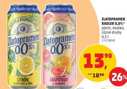Nealkoholické pivo ochucené Radler Zlatopramen