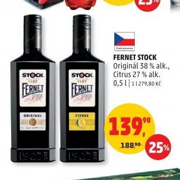 FERNET STOCK Originál 38 % alk., Citrus 27 % alk.