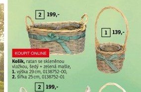 Košík, ratan se skleněnou vložkou, šedý + zelená mašle - ASKO akcniletaky.com