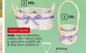 Košík, ratan se skleněnou vložkou, bílý + fialová mašle - ASKO akcniletaky.com