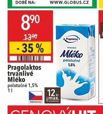 Pragolaktos trvanlivé Mléko polotučné 1,5% 1 l