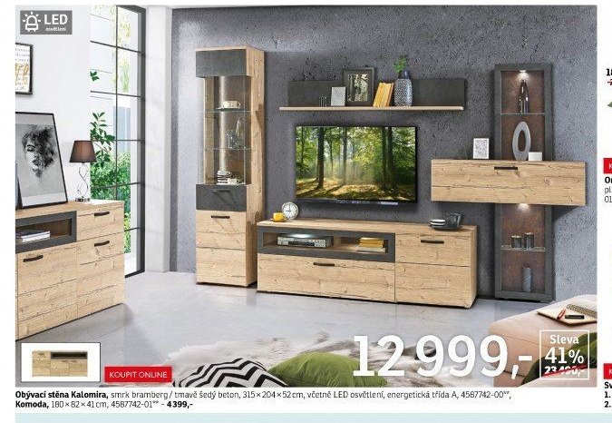 Obývací stěna Kalomira, smrk bramberg / tmavě šedý beton - ASKO akcniletaky.com