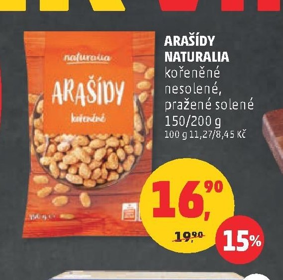 Arašídy Naturalia kořeněné nesolené, pražené solené 150/200 g