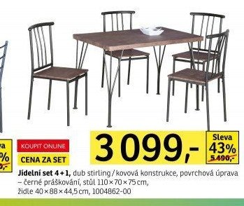 Jídelní set 4+1, dub stirling/kovová konstrukce, povrchová úprava – černé práškování, stůl 110x70x75cm, židle 40x88x44,5cm, 1004862-00