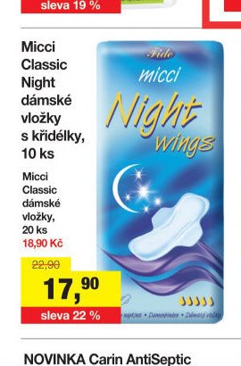Micci Classic Night dámské vložky s křidélky, 10 ks / Micci Classic dámské vložky, 20 ks