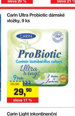 Carin Ultra Probiotic dámské vložky, 9 ks