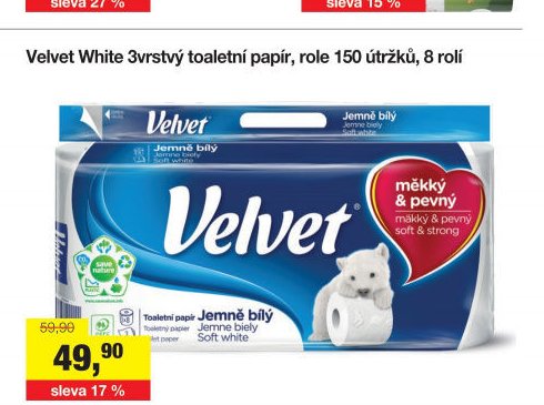 Velvet White 3vrstvý toaletní papír, role 150 útržků, 8 rolí