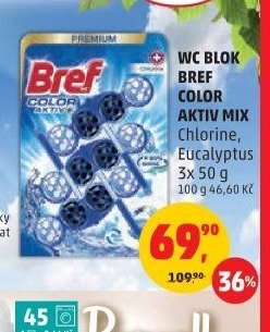 WC blok BREF COLOR AKTIV MIX Chlorine, Eucalyptus 3x 50 g