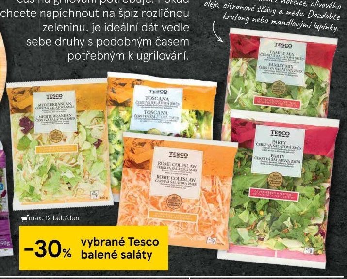 Tesco saláty (Mediterranean, Toscana, Coleslaw, Family Mix, Party)