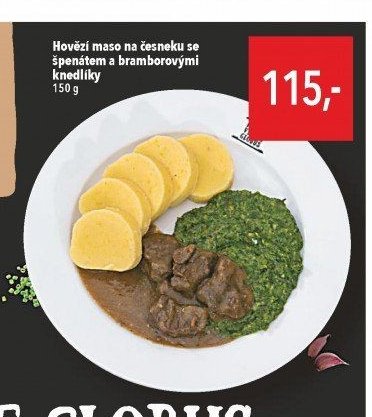 Hovězí maso na česneku se špenátem a bramborovými knedlíky