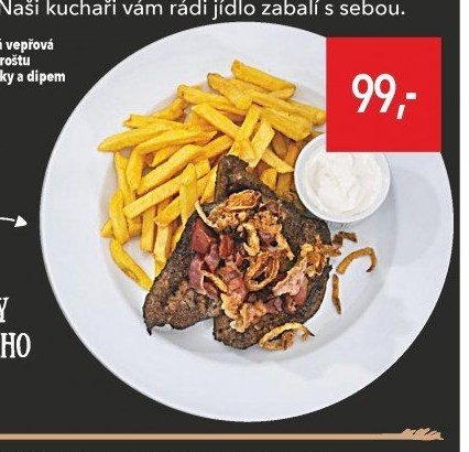 Anglická vepřová játra na roštu s hranolky a dipem