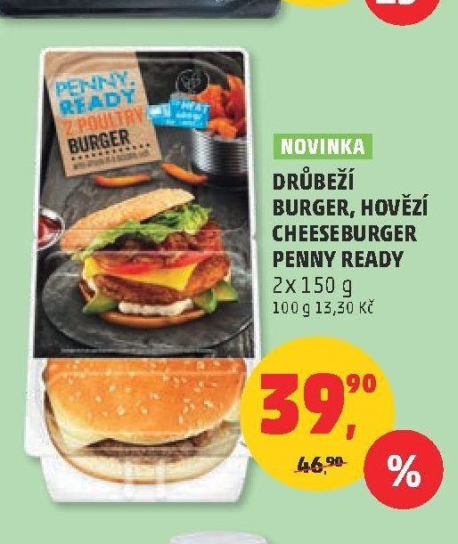 Drůbeží burger, hovězí cheeseburger Penny Ready