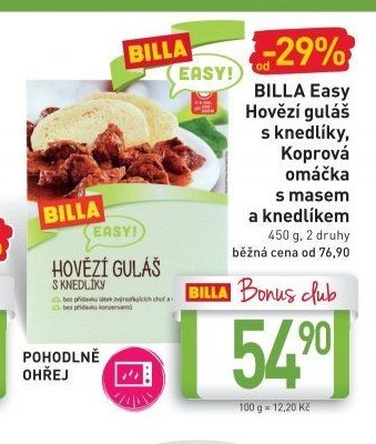 BILLA Easy Hovězí guláš s knedlíky, Koprová omáčka s masem a knedlíkem