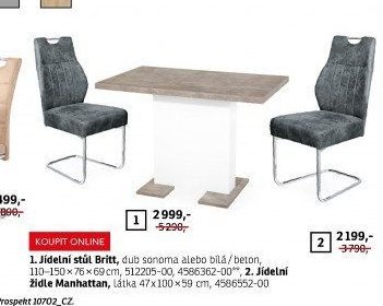 1. Jídelní stůl Britt, dub sonoma nebo bílá/beton, 110-150x76x69 cm; 2. Jídelní židle Manhattan, látka 47x100x59 cm - ASKO akcniletaky.com