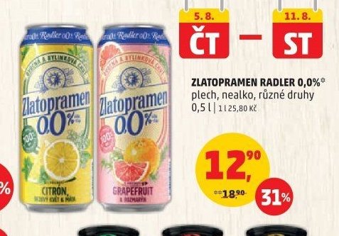 Zlatopramen Radler 0,0% plech, různé druhy 0,5 l