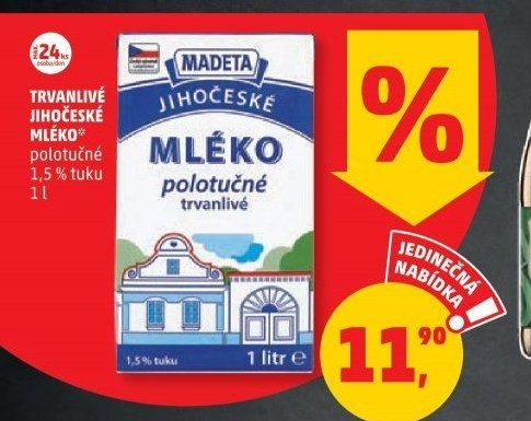 Trvanlivé jihočeské mléko polotučné 1,5 % tuku 1 l