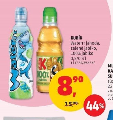 KUBÍK Waterrr jahoda, zelené jablko, 100% jablko 0,5/0,3 l