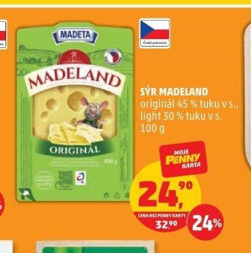 SÝR MADELAND originál 45 % tuku v s., light 30 % tuku v s. 100 g