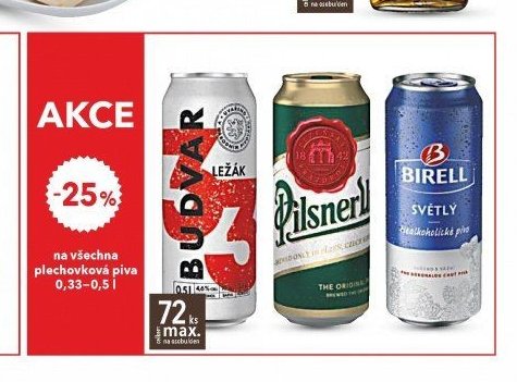 Plechovková piva (Budvar, Pilsner Urquell, Birell)