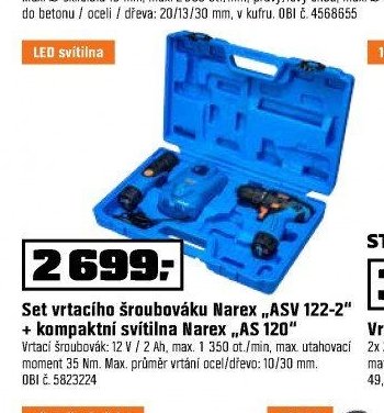 Set vrtacího šroubováku Narex „ASV 122-2“ + kompaktní svítilna Narex „AS 120“