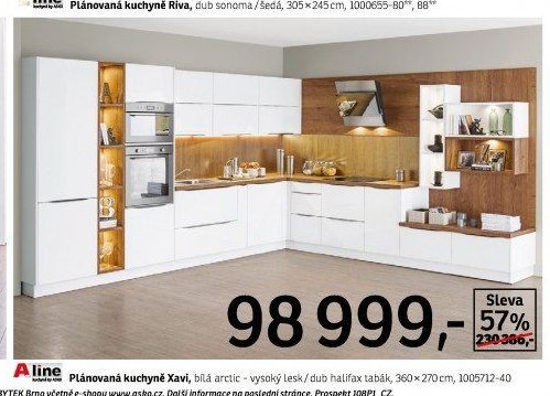 Plánovaná kuchyně Xavi, bílá arctic - vysoký lesk / dub halifax tabák, 360x270 cm - ASKO akcniletaky.com