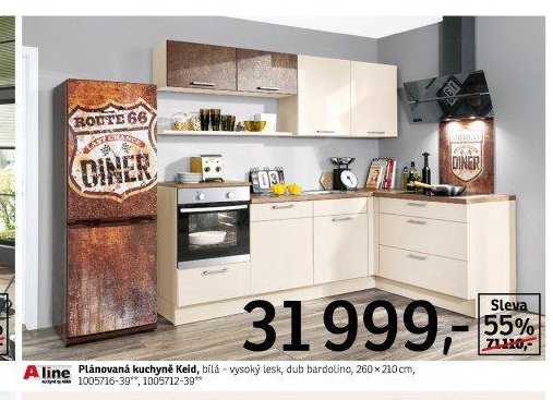 Plánovaná kuchyně Keid, bílá - vysoký lesk, dub bardolino, 260x210 cm - ASKO akcniletaky.com