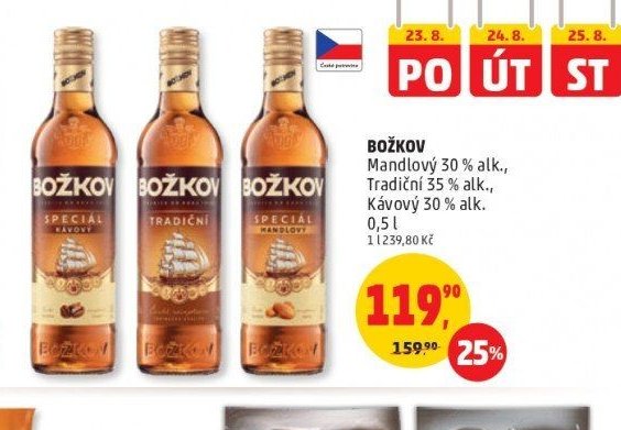 BOŽKOV Mandlový 30 % alk., Tradiční 35 % alk., Kávový 30 % alk. 0,5 l