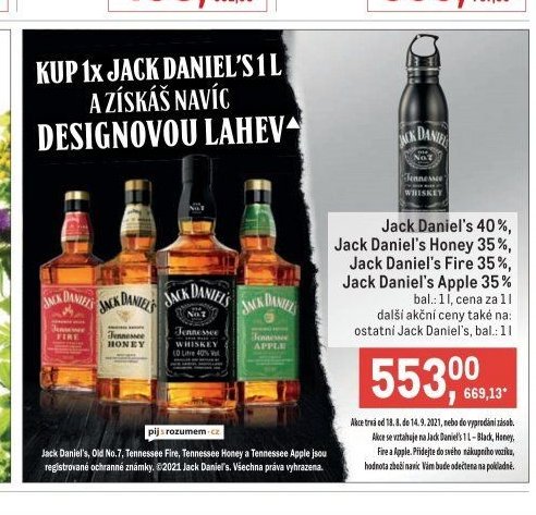 Jack Daniel's 40%, Jack Daniel's Honey 35%, Jack Daniel's Fire 35%, Jack Daniel's Apple 35%