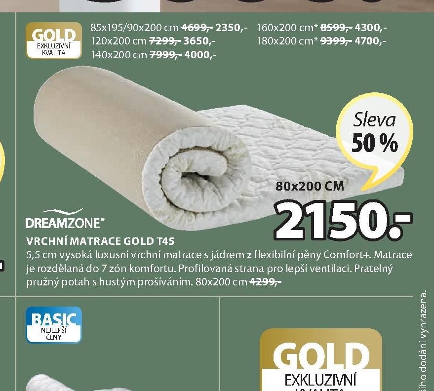 DREAMZONE VRCHNÍ MATRACE GOLD T45