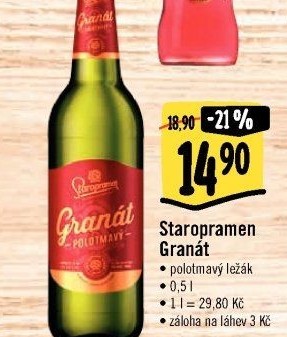 Pivo polotmavý ležák Granát Staropramen