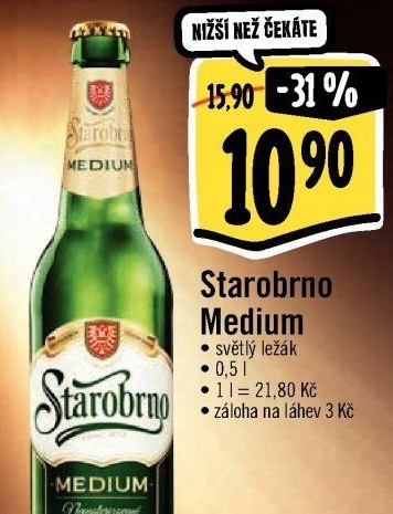 Pivo světlý ležák nepasterizovaný 11° Medium Starobrno