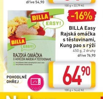 BILLA Easy Rajská omáčka s těstovinami, Kung pao s rýží