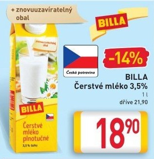 Mléko čerstvé Billa - 3,5% plnotučné