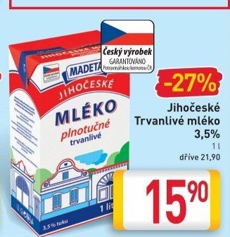 Mléko trvanlivé Jihočeské Madeta - 3,5% plnotučné
