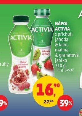 Activia nápoj s příchutí jahoda & kiwi, malina & granátové jablko