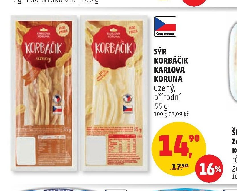 SÝR KORBÁČIK KARLOVA KORUNA uzený, přírodní