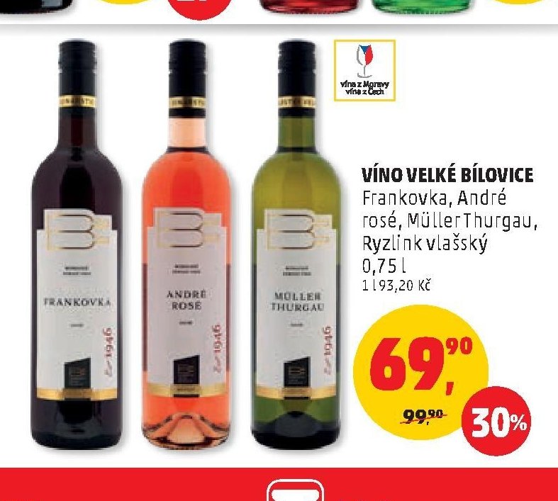 Víno Velké Bílovice (Frankovka, André rosé, Müller Thurgau, Ryzlink vlašský)