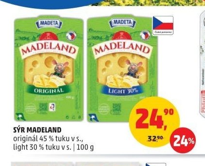 SÝR MADELAND originál 45 % tuku v s., light 30 % tuku v s.