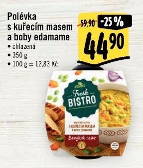 Polévka s kuřecím masem a boby edamame Albert Fresh Bistro