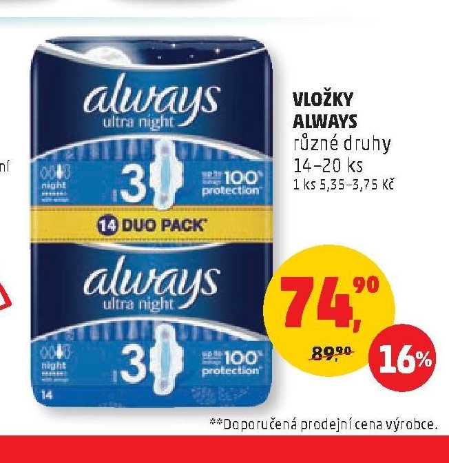 VLOŽKY ALWAYS různé druhy 14-20 ks