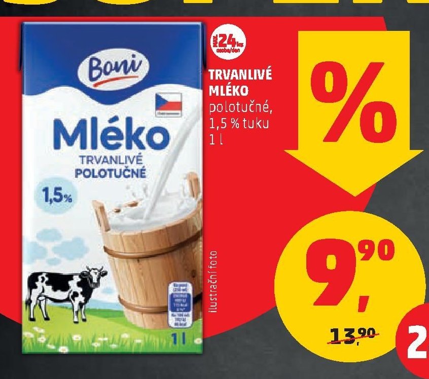 Boni trvanlivé mléko polotučné 1,5 % tuku 1 l